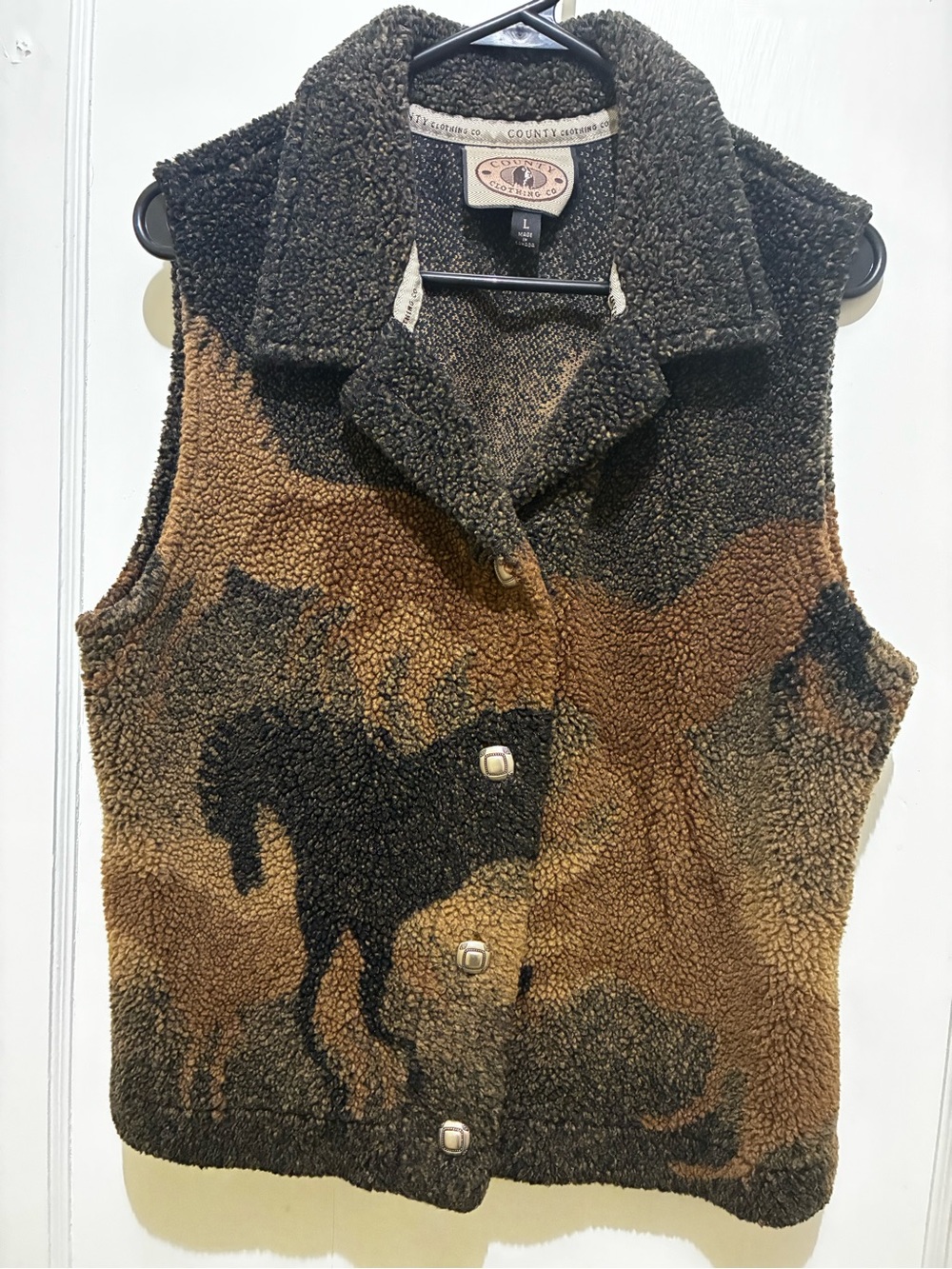 Country Comfort Brown & Black Sherpa Vest with Horse Motif